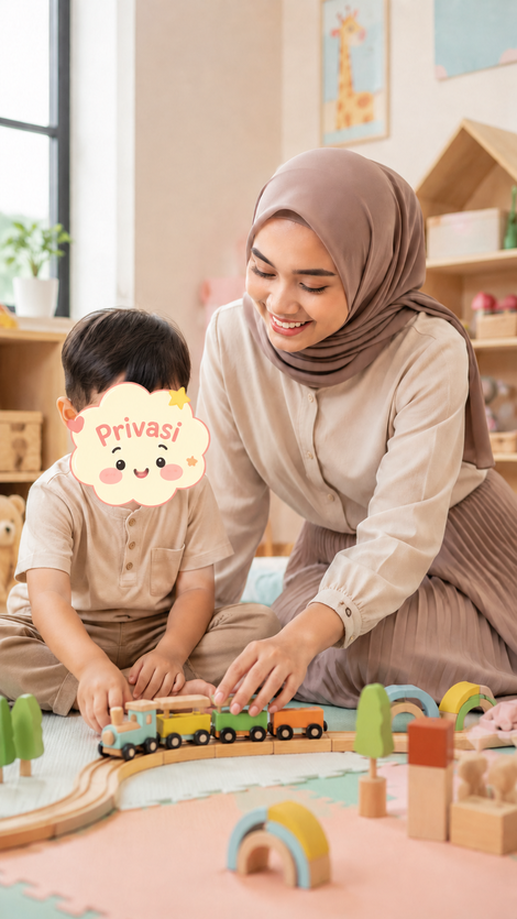 Fenny menemani dan menggendong anak dengan ceria